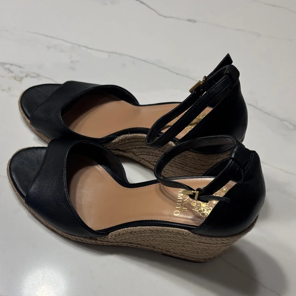 Vince Black Leather Wedge Espadrilles